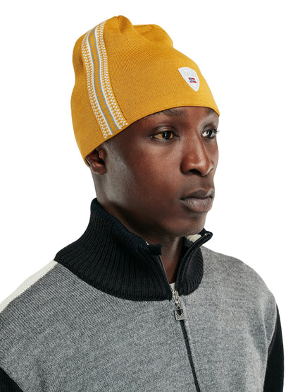Dale of Norway Women|Men Mount Olympus unisex merino wool hat Mustard Offwhite Blueshadow