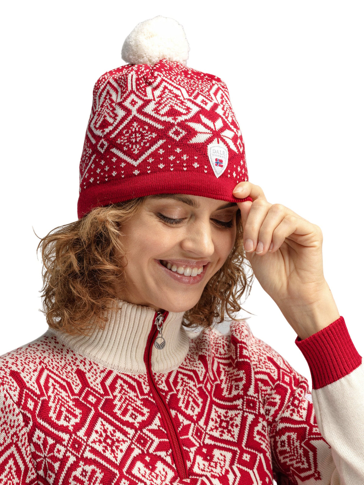 Dale of Norway Women|Men Winterland unisex merino wool hat  Raspberry Offwhite Redrose