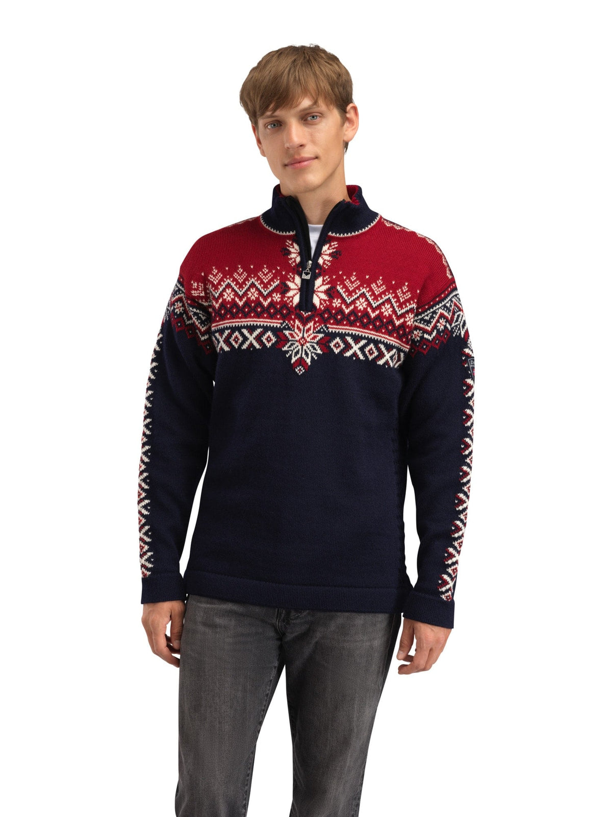 Dale of Norway Men 140th Anniversary Men’s Sweater - Norwegian Wool NAVY RED ROSE OFFWHITE